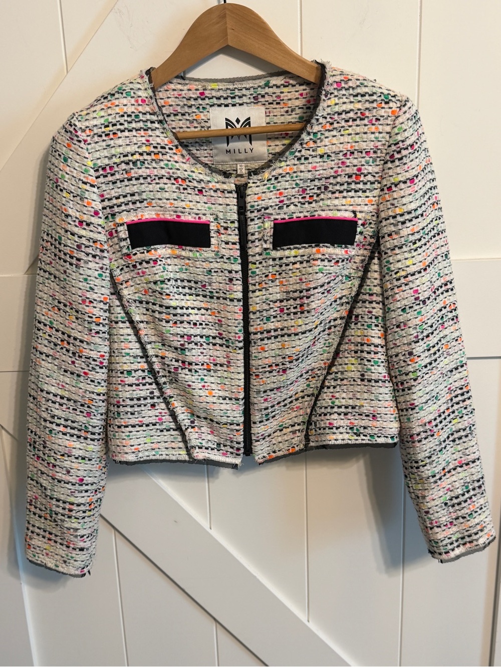Milly Women’s Size 10 Multicolor Tweed Cropped Jacket Lamb Leather Trim Made USA